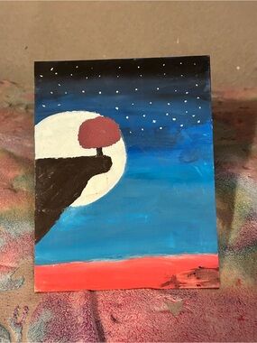 Midnight Cliff Canvas Painting with Blue Sky and Red Tree